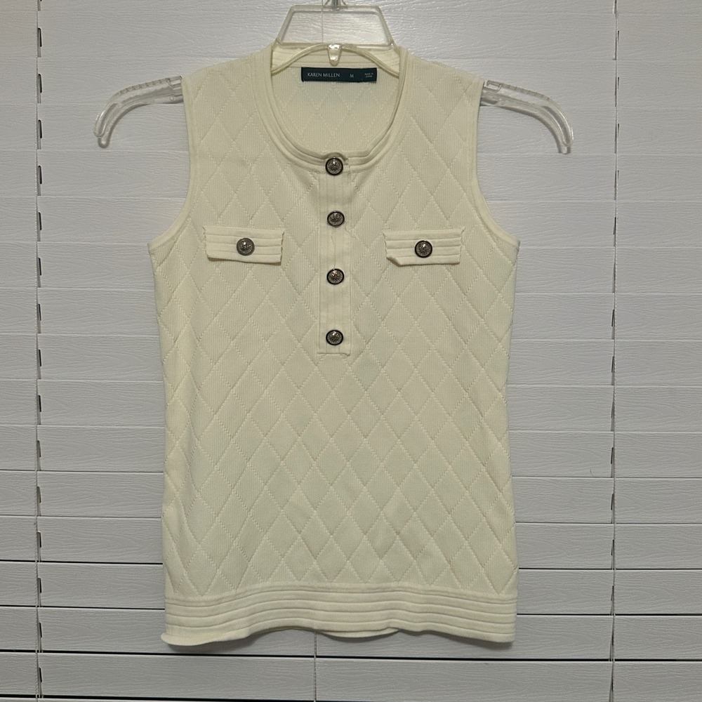 Karen Millen Cream Quilted Knit Sleeveless Top Crest Button Ivory Medium